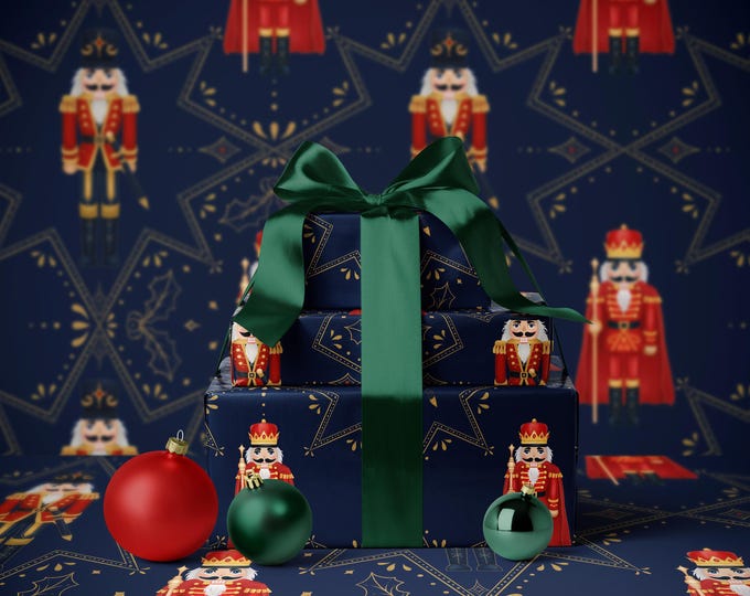 Nutcracker Wrapping Paper | Golden Delicate Star Pattern | Elegant Navy Christmas Gift Wrap | Festive Holiday Gift Wrap