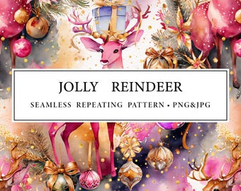Jolly Reindeer Print, Christmas Festive Seamless Pattern Tile, Digital Print Design, Holiday Pattern, digital paper, wrapping paper