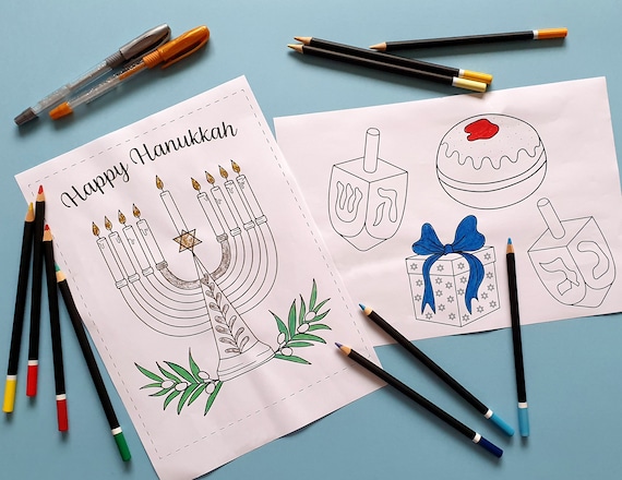Hanukkah Activity 5 Coloring Printables - Decorations - Activity for Kids and Adults – Festival of Lights - Ornaments - Cut out - Pages