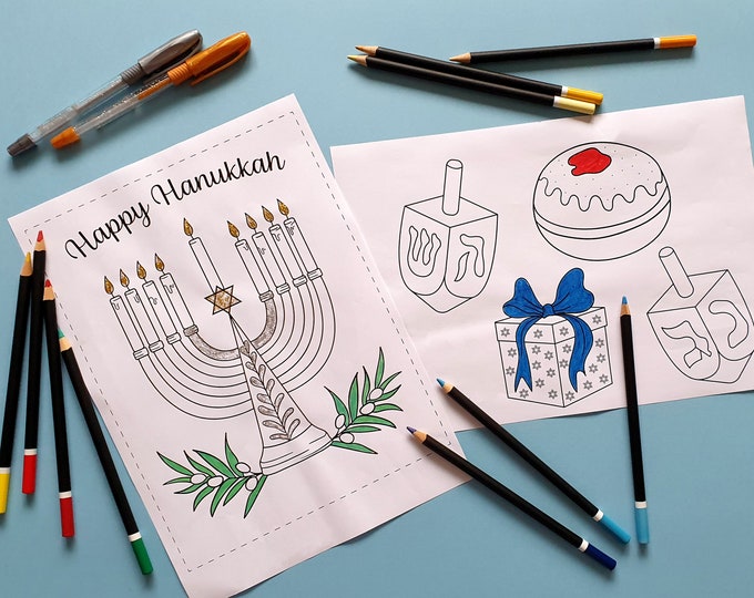 Hanukkah Activity 5 Coloring Printables - Decorations - Activity for Kids and Adults – Festival of Lights - Ornaments - Cut out - Pages