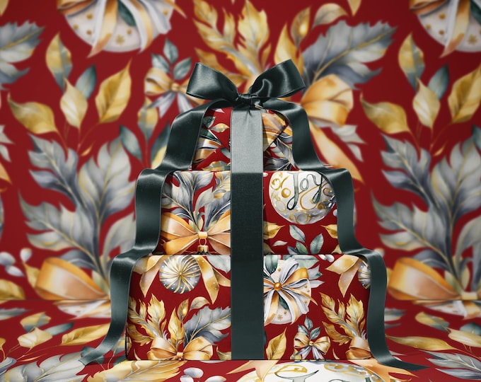 Holiday Splendor Wrapping Paper | Elegant Soft Green & Gold Ornaments | Festive Christmas Gift Wrap | Gift packaging | Red background