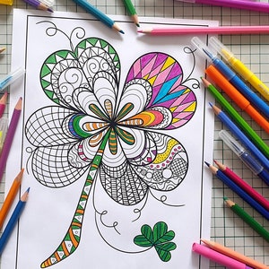 3 Pages Printable Coloring Page Shamrock Doodle Zentangle Art - Instant download - Relaxing - Antistress Activity Adults - St. Patrick&#39;s Day