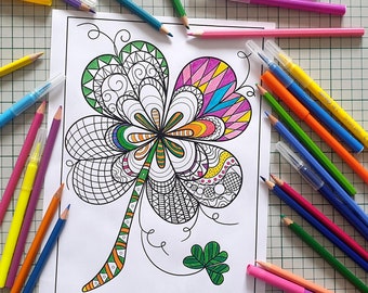 3 Pages Printable Coloring Page Shamrock Doodle Zentangle Art - Instant download - Relaxing - Antistress Activity Adults - St. Patrick's Day