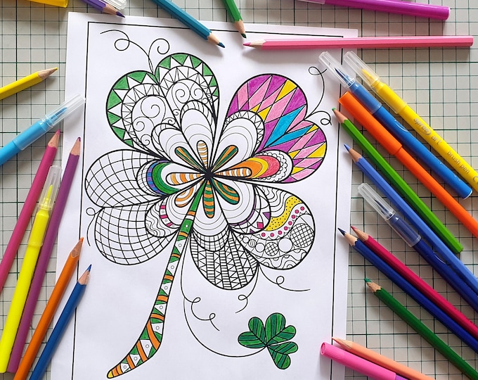 3 Pages Printable Coloring Page Shamrock Doodle Zentangle Art - Instant download - Relaxing - Antistress Activity Adults - St. Patrick's Day
