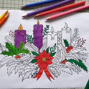 May include: A coloring page featuring a wreath of holly and poinsettia surrounding four purple candles. The candles are arranged in a row and have a drip of wax at the bottom.