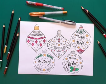 Christmas 5 Coloring Printable Decorations, Ornaments - Cut out - Digital Download PDF - Coloring Sheet - Xmas Holiday Activities for Kids