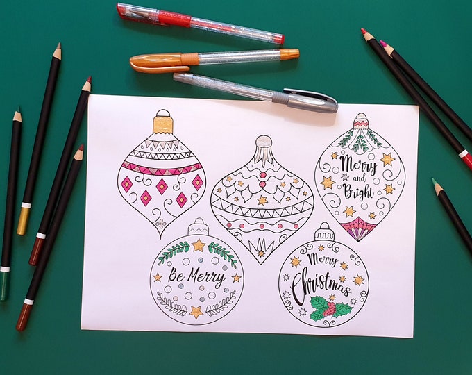 Christmas 5 Coloring Printable Decorations, Ornaments - Cut out - Digital Download PDF - Coloring Sheet - Xmas Holiday Activities for Kids