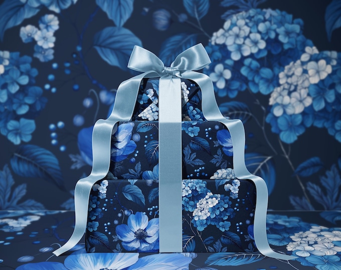 Azzure Floral Toile Wrapping Paper | Floral Design | Vintage Charm | Wedding Gift Wrap | Birthday Present | Seasonal Gift Wrap | Navy Blue