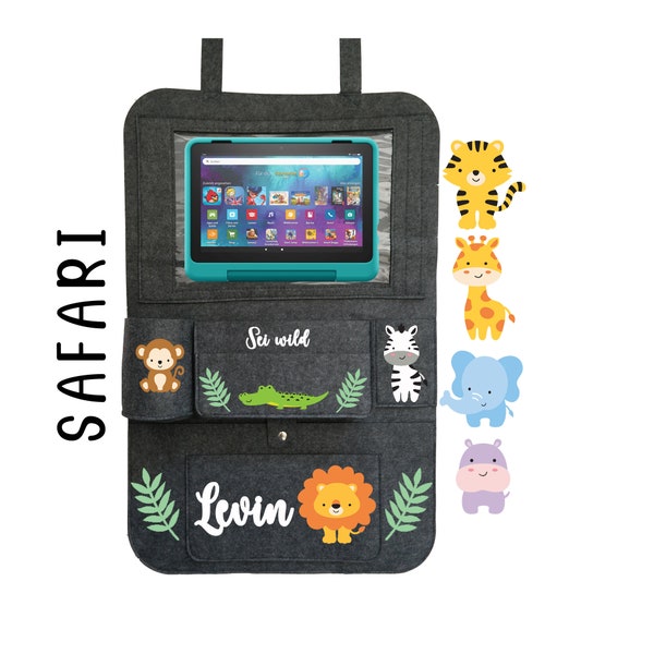 Personalisierter Auto Organizer Autositz Rückenlehnenschutz -verschiedene Motive- für Kinder mit Tablet und Kramfach