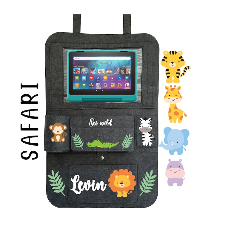 May include: Gray felt car seat organizer with a tablet holder, two pockets, and a zippered pocket. The organizer has a green leaf design and features a variety of animal illustrations, including a monkey, zebra, crocodile, lion, giraffe, elephant, and hippopotamus. The text "See wild" and "Levin" is printed on the organizer.