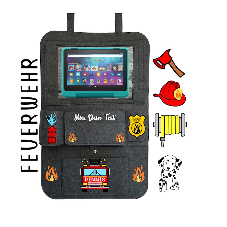 May include: A gray felt car seat organizer with a fire truck theme. It has a clear pocket for a tablet, a pocket with a fire hydrant, a pocket with a fire truck, and a pocket with a fire hose. The text "Hier Dein Text" is embroidered on the organizer.