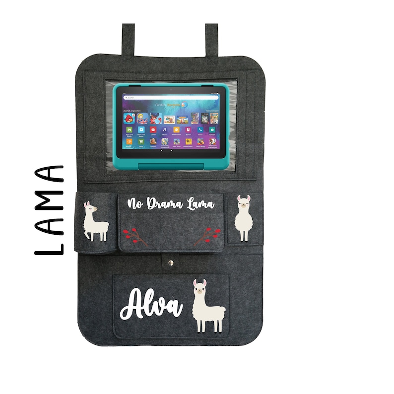 May include: Gray felt car seat organizer with a clear plastic window for a tablet. It has two pockets on the sides and a larger pocket on the bottom. The organizer has a llama design with the text "No Drama Llama" and "Alva".