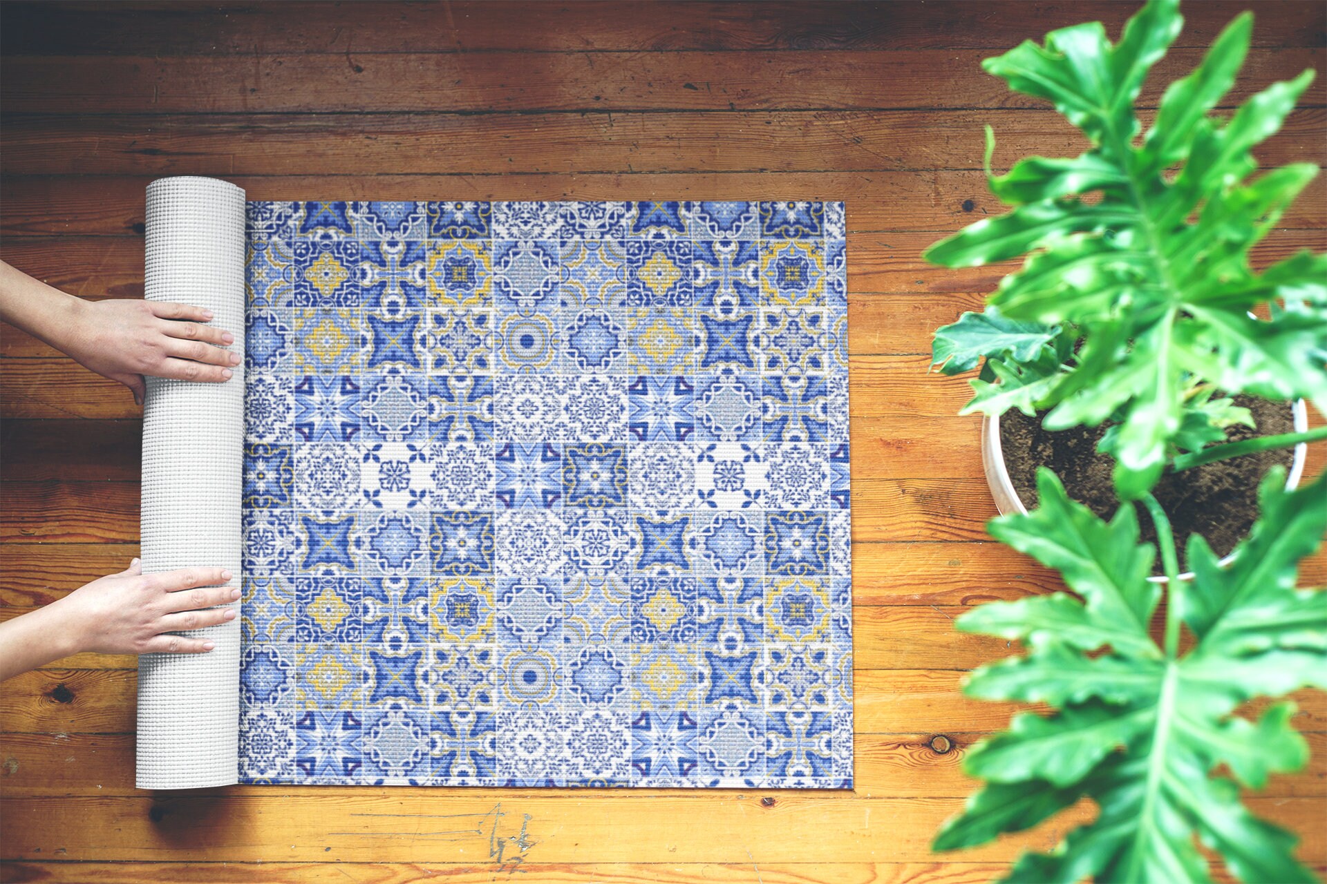 Mexican Foam Yoga Mat, Spanish blue tile print pattern, Mexico tile
