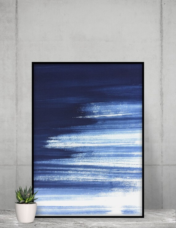 Navy Blue Watercolor Wall Art Modern Blue Aquarelle Paint Etsy