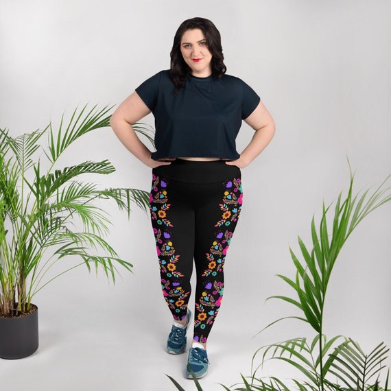Mexican Embroidered Black Leggings Plus Size, Mexico Embroidery