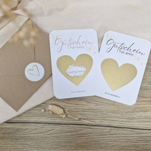 Karte zum Freirubbeln | Geschenk Rubbelkarte goldenes Herz | Gutschein mit Wunschtext + Wunschname | Verkündung | incl. Briefumschlag