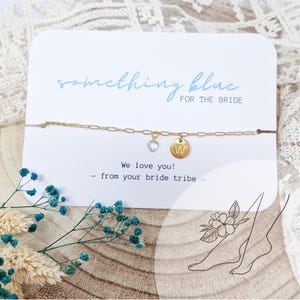 anklet with blue heart and letter charms | something blue before I do | personalized card | with your text