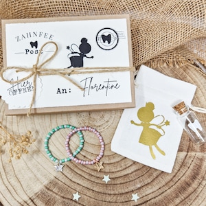 Post von der Zahnfee | Zahnfee Box mit Brief, Zahnfeestaub, Säckchen mit Glas und Zahnfee-Armband Glitzerstern | mit Wunschnamen