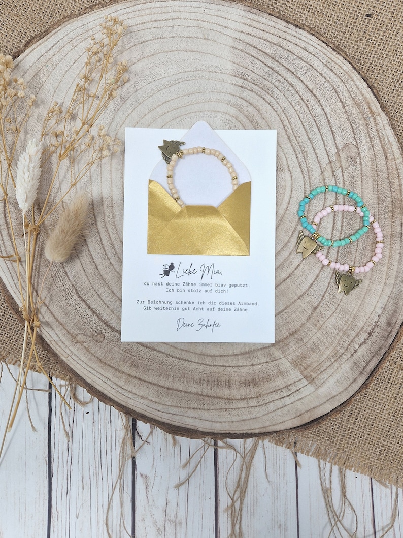 Zahnfee Geschenk Set Für Mädchen - Perlenarmband & Karte & Stoffbeutel
