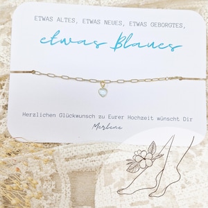 Fußkettchen mit blauem Herzen | Hochzeit | Braut Geschenk | etwas Blaues | auf personalisierter Karte | mit Wunschtext