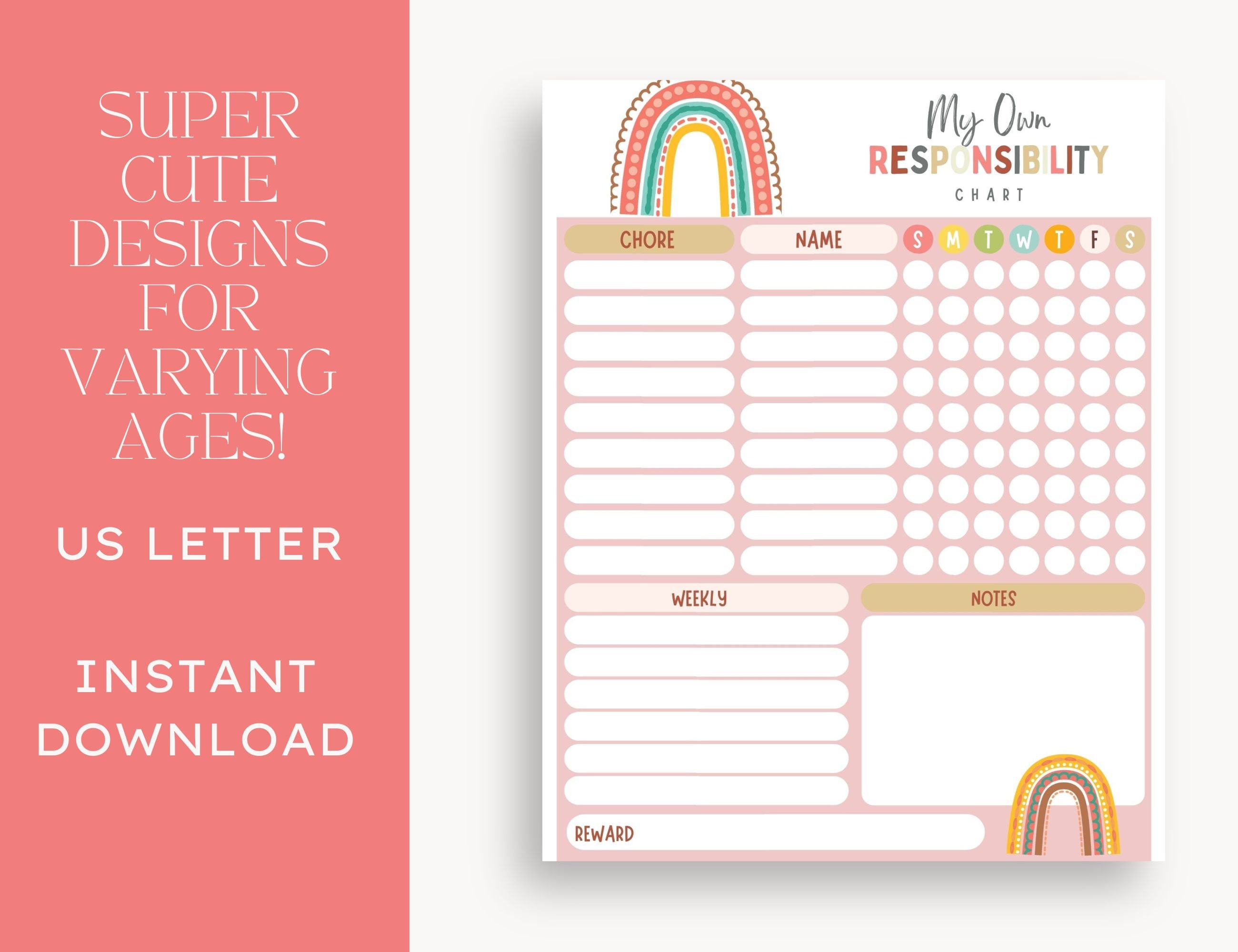Boho Rainbow Editable Girls Reward Chart, Personalized Responsibility ...