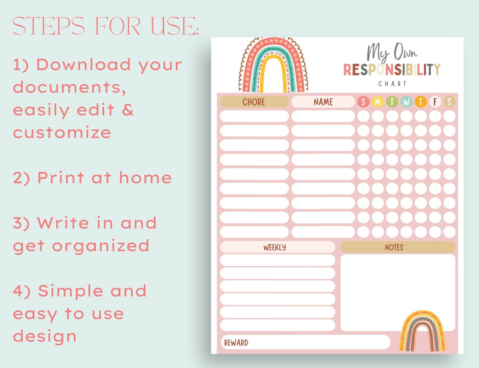 Boho Rainbow Editable Girls Reward Chart, Personalized Responsibility ...