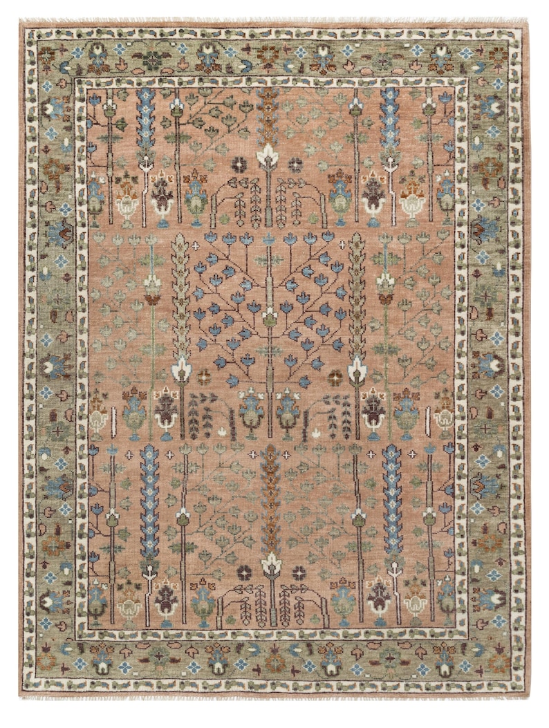 Hand-knotted Wool Oushak Rug: Peach, Sage & Blue Boho Decor - Etsy