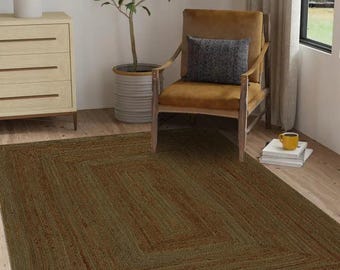 Handgeweven jute vloerkleed: veelkleurige geschulpte rand, natuurlijke vezels