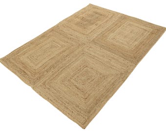 Handgeflochtener Jute-Teppich: Geometrisches Rechteckmuster, umweltfreundlich