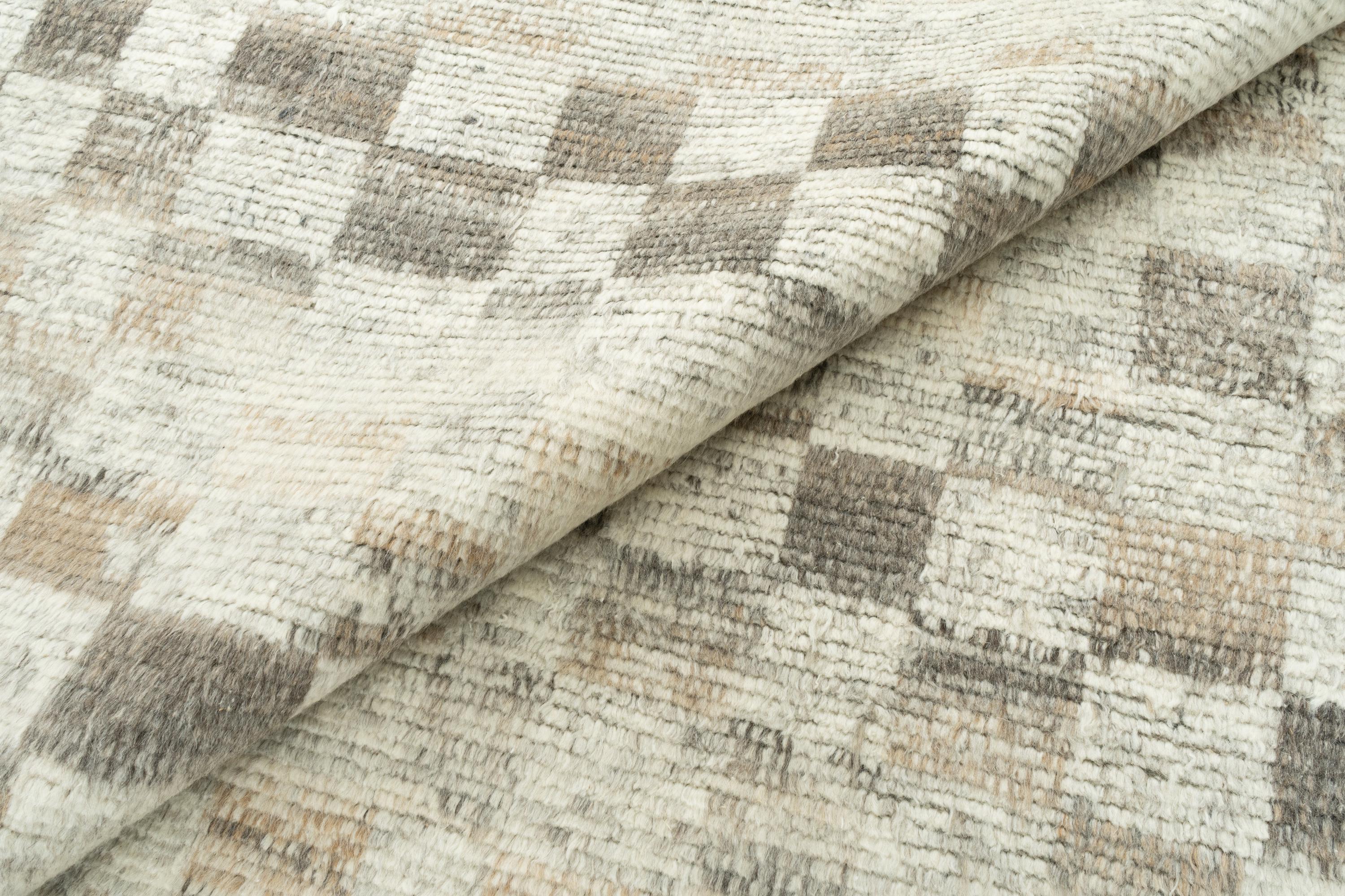 Hand-knotted Wool Area Rug: Modern Checkered Grid, Neutral Beige ...