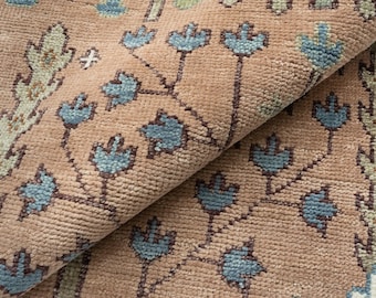 Hand-Knotted Wool Oushak Rug: Peach, Sage & Blue Boho Decor