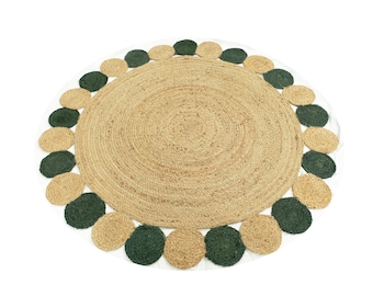Hand Braided Round Jute Rug: Green Circle Border, Eco-Friendly