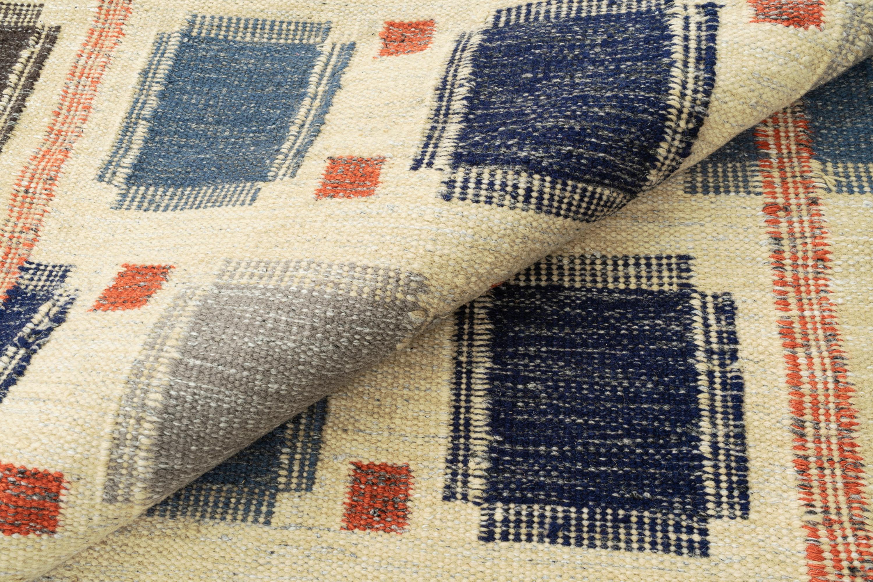 Handmade Wool Kilim Rug – Modern Geometric Squares in Blue, Grey, Black ...