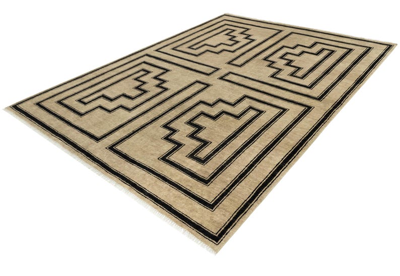 Hand-Knotted Wool Rug: Beige and Black Geometric Maze Pattern image 4