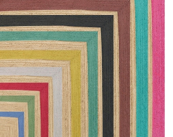 Handgeflochtener Jute Teppich | Handgewebter Boho Teppich mit mehrfarbiger Bordüre