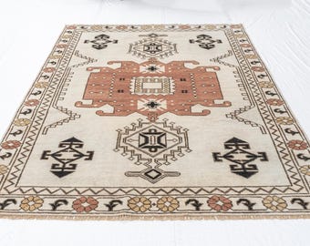 Handmade Vintage Style Wool Rug | Beige & Rust Handwoven Carpet