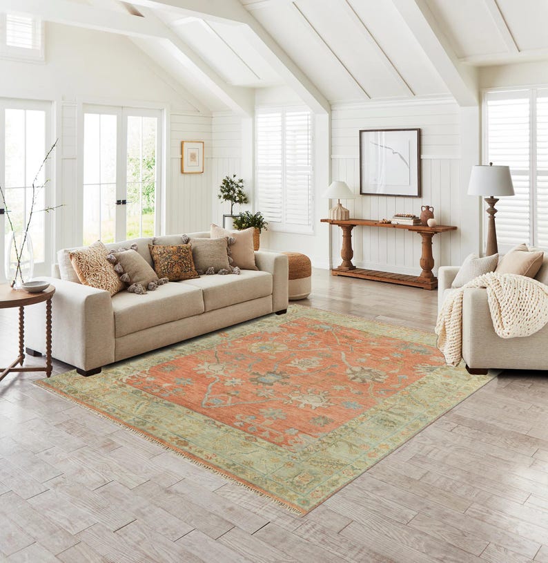 Hand-knotted Wool Oushak Rug: Terracotta and Sage Green Turkish Style ...