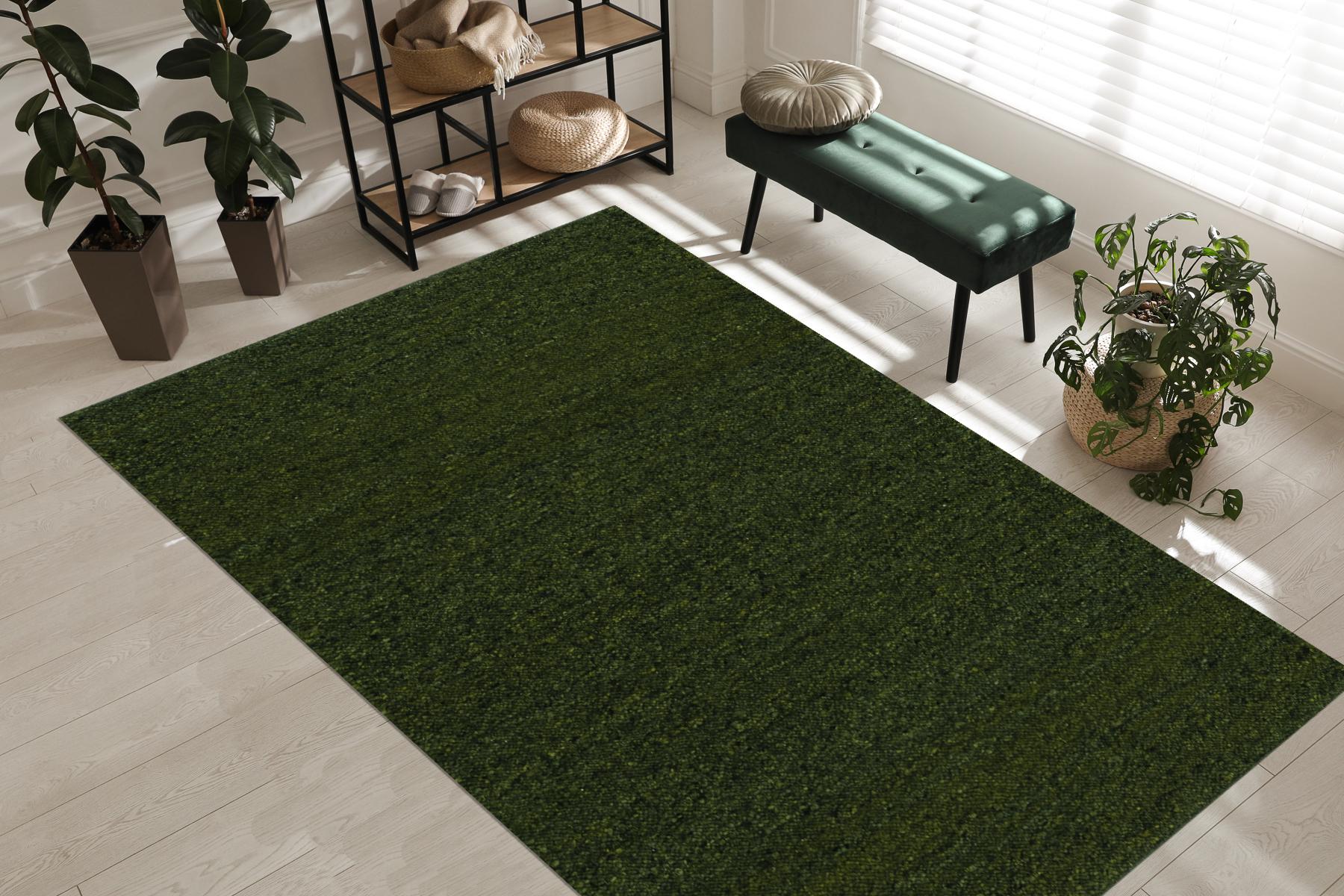 Dark Green Hand-Knotted Wool Rug: Soft Minimalist Area Carpet