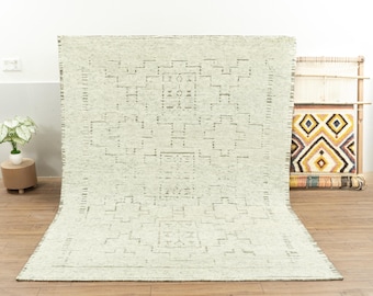 幾何学模様の手織りウールラグ 手織りウールエリアラグ：幾何学的なブロックデザイン、ニュートラル