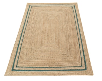 Hand-Braided Jute Area Rug: Teal Border, Boho Coastal Style