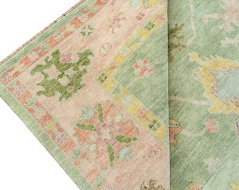 Hand-Knotted Wool Oushak Rug: Soft Mint Green, Blush Pink