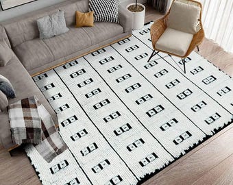 Alfombra tejida a mano de lana de Nueva Zelanda: diseño tribal en blanco y negro.