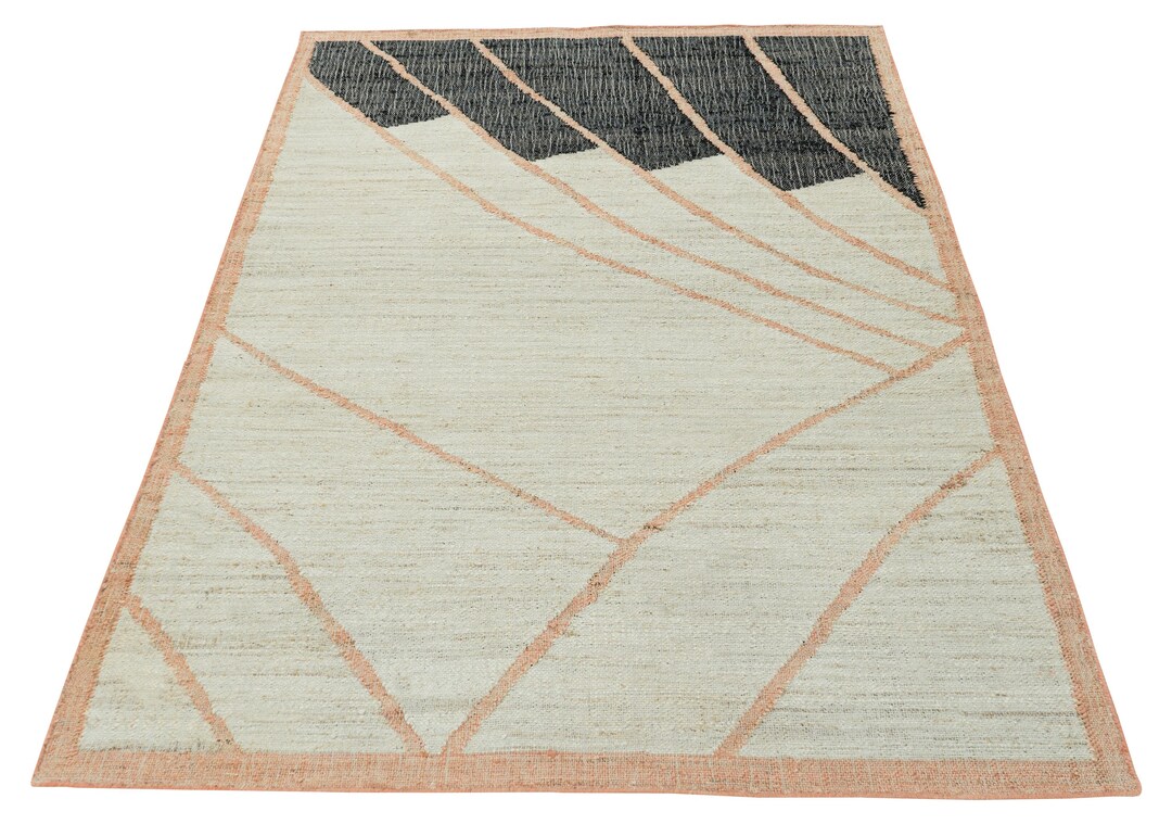 Abstract Jute Area Rug: Handwoven Geometric Design, Neutral Cream ...
