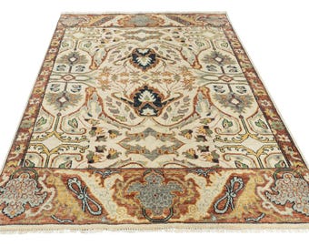 Cream & Rust Persian Style Rug | Hand-Knotted Wool Area Rug