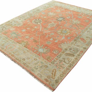 Hand-Knotted Wool Oushak Rug: Terracotta and Sage Green Turkish Style