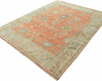Hand-Knotted Wool Oushak Rug: Terracotta and Sage Green Turkish Style