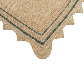 Natural Handmade Jute Rug: Teal Border, Wavy Edge, Eco-Friendly Boho Decor