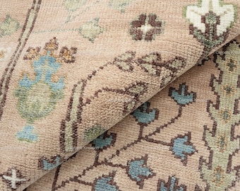 Handmade Wool Rug: Peach and Sage Green Turkish Carpet
