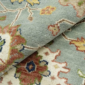 Handmade Oushak Wool Rug: Light Blue Floral Oriental Carpet (10x14 Feet)