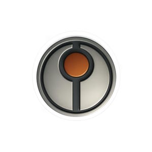 Op de afbeelding: Een ronde sticker met een gestileerd ontwerp. Het heeft een zilverkleurige buitenring, een zwarte binnenring en een centrale oranje cirkel. Een verticale lijn loopt van de oranje cirkel naar beneden.